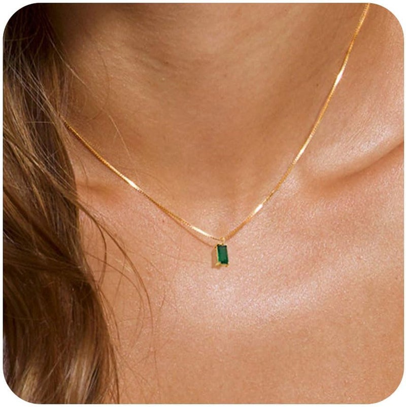FUNEIA Diamond Necklaces for Women 14K Gold Plated Emerald Birthstone Necklace for Women Mothers Dainty Gold Necklace Blue Green Cubic Zirconia Pendant Necklace Birthday Gifts for Women Jewelry - Image 1